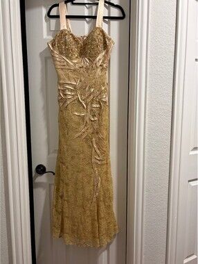 Anny Lee Gold Lace Evening Dress Size L 18